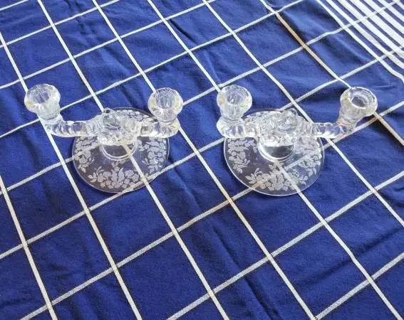 Beautiful Pair of Antique Etched Depression Glass Candle Holders