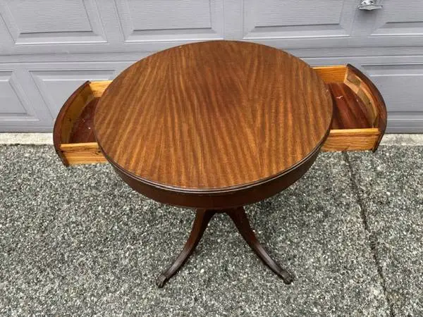 Large Mahogany Wood Drum Table w/ Two Drawers