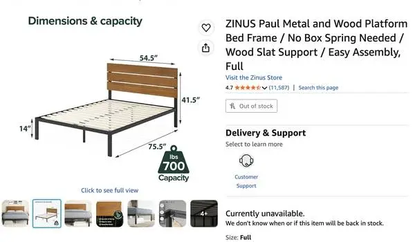 Zinus full size bed - Beckett model - $20