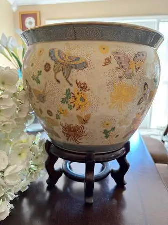 Vintage Koi & Butterfly Ceramic Pottery Bowl Planter