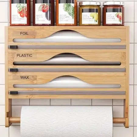 Foil Cling Paper Freezer Bag Dispenser Towel Holder Organizer Wood