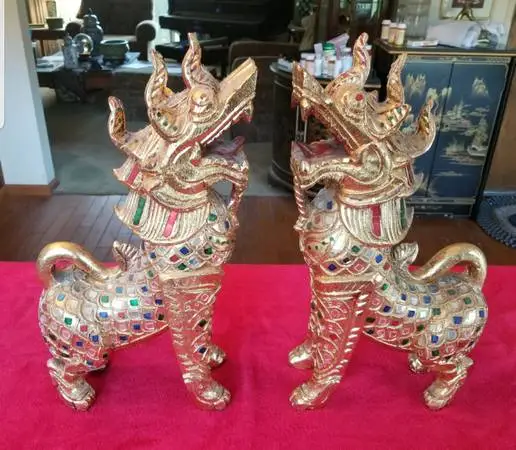 Pr Antique Gold Leaf Carved Wood Temple Lions / Foo Dogs (Thailand)