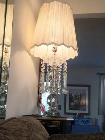 Antique Crystal Lamp -Tall, Huge Prisms, Nice Color, Hollywood Regency