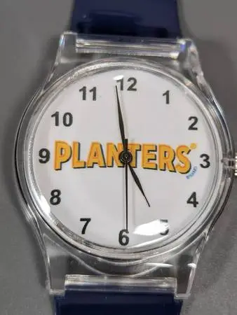 Planters Brand White Dial Clear Round Case Black Band Watch