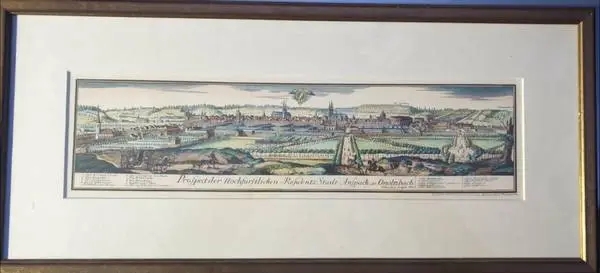 Vintage framed  print from an antique engraving of Ansbach Germany