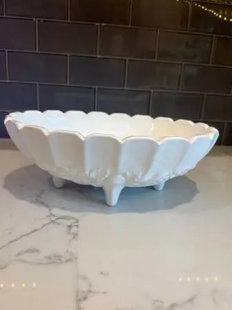 Vintage Milk Glass Footed Fruit Bowl - Grape Pattern, Scalloped Edge
