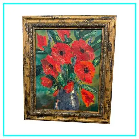 Boulet Red Flower Still Life Painting, Signed