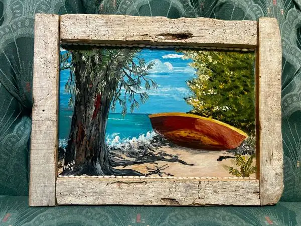 Small beach painting with driftwood frame