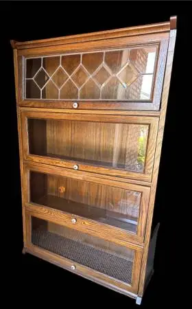 Mid Century Oak Wood Barrister Bookcase Lawyers Four-Unit