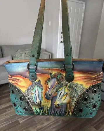 HAND PAINTED ANUSHKA LEATHER BOHO TOTE BAG PURSE W/WILD HORSES