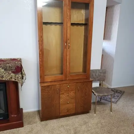 Solid Oak handcrafted 2 piece Gun cabinet/ display storage shelf H82