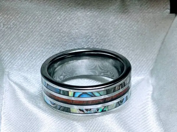 Tungsten Wedding Ring With Hawaiian Koa Wood and Abalone, 8mm
