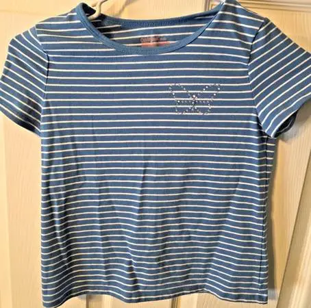 Cat & Jack Girls Blue White Striped T-Shirt Size M Rhinestone
