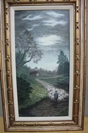 FAST FALLS THE EVENTIDE 1970 OIL PAINTING ELISE M JOHNSON