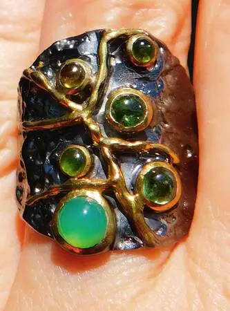 Chrysoprase, Tourmaline, Gothic Ring. Size 7-7.5 antique silver