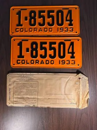 Vintage 1933 Colorado License Plate Pair Orange Plates 1-85504 w Envel