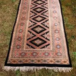 Exquisite 12.5 × 3 feet pink, blue, black Bokhara Wool Hand-Knotted Ru