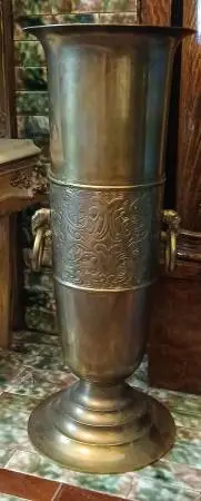 MCM Tall BRASS ORNATE UMBRELLA STAND w/ELEPHANT HANDLES