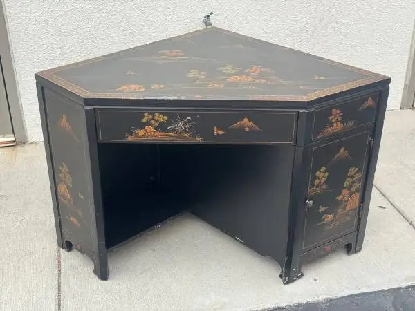 Black Lacquer Chinoiserie Landscape Oriental Corner Cabinet removable