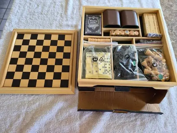 Vintage puzzles, football, Hockey, chess/checkers, dice, backgammon