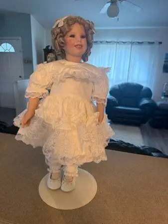 Porcelain Doll Blonde Curly Hair with White Lace Dress with Stand