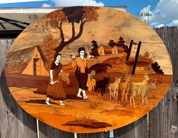 Vintage oval shape wood inlaid folk art with sheperd and sheep theme