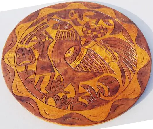 Vintage wood rould shape chess board with tribal theme carving