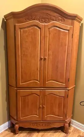 Custom Solid Alder Wood Corner Armoire - Honey Maple Finish