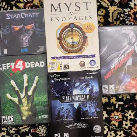 5 PC games, Final Fantasy XI online, NFS, Ledt4Dead, StarCraft, Myst V