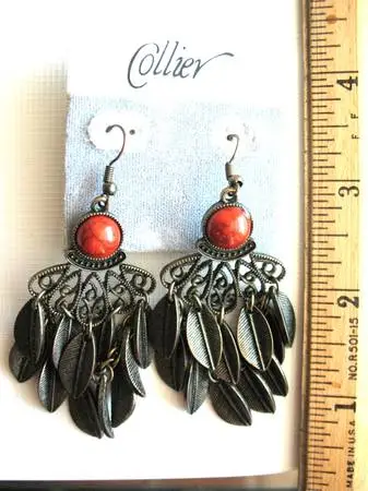 Chandelier Style Dangle Earrings with Coral Colored Stone $10