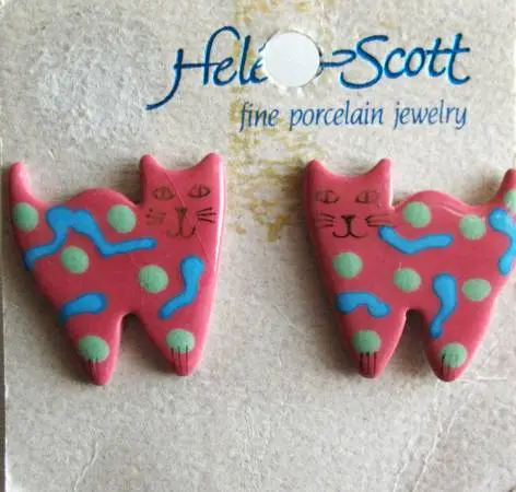 RARE Vintage Helene Scott Porcelain Cat Earrings $ 15