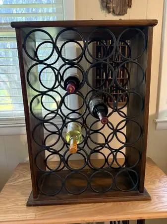 Vintage Wine Holder Made Of Wood Cast Iron Rings.