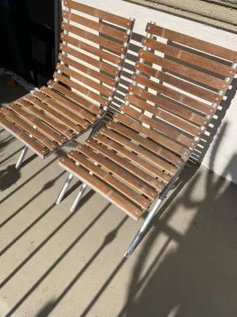2 Folding Teak + Metal Folding Chairs