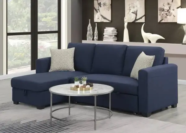 Emerald Home Blue microfiber sectional sleeper sofa couch and ottoman