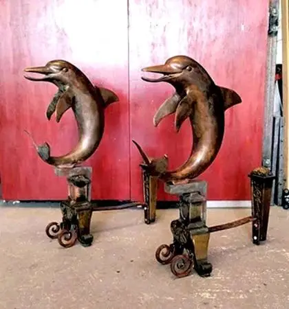 Vintage DOLPHIN ANDIRONS / Cast Bronze, Brass & Iron
