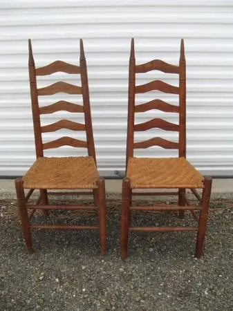 Pair Tall Ladder Back Shaker chairs with woven oak seats