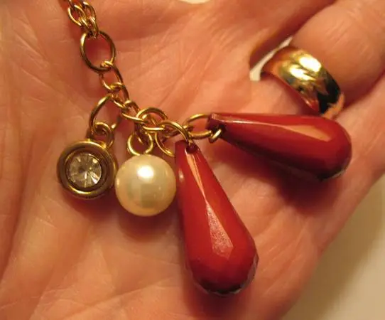 NEW Red dangle, faux pearl and Crystal Necklace on long 24 chain