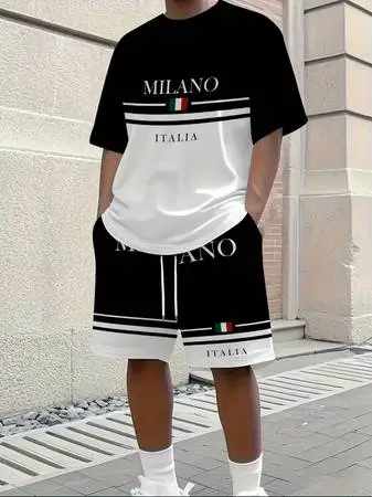 BIG Mens 2Pc Shorts Sets T-Shirts Colorblock Milano Italia Plus Size