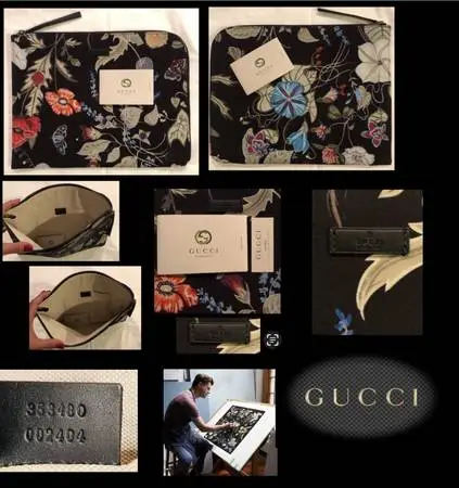 Gucci RARE Kris Knight Black Flora Print Canvas Zip Clutch
