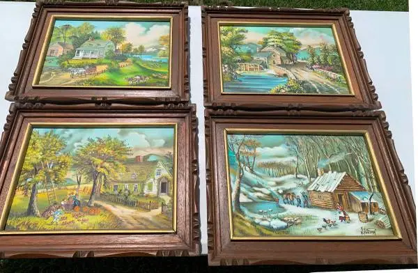 A set of four wood framed oil painting with four seasons