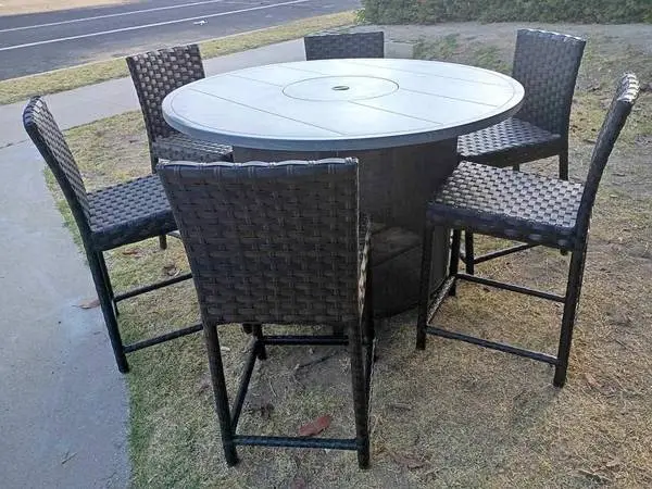 Outdoor patio counter height fire pit table with 6 chairs