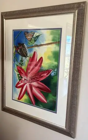 Passion Flower, Butterfly, Original Watercolor Painting, Signed, Frame