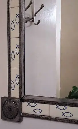 Hand-Painted Tiles Mirror with Punched Tin Frame