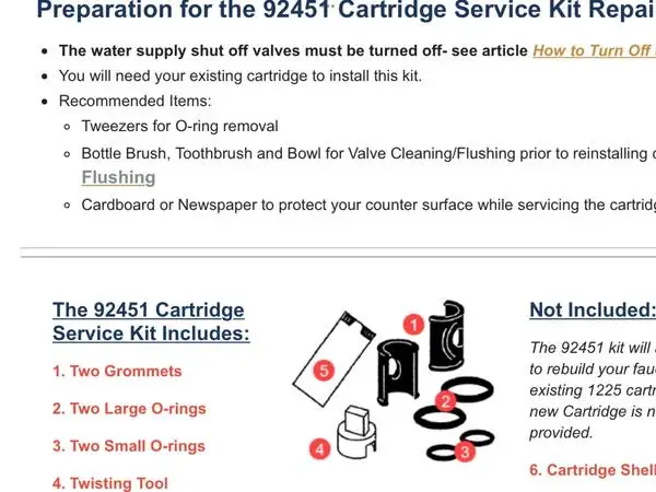 Moen Repair Kit 92451 Cartridge 1225 Model Repair Kit for 92450