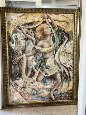 HUGE Vintage Canvas Framed Painting Signed Crane Dance 71in  X  55in