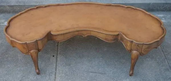 French Provincial Kidney-Shaped Leather-Top Cherry-Wood Coffee Table