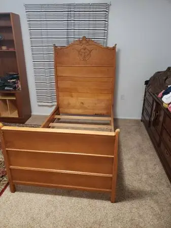 Antique Eastlake Tiger Birdseye Maple Twin Bed Frame