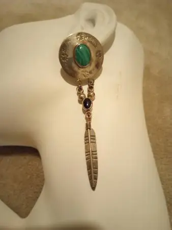 Shield & Feather Design Silver, Malachite and Onyx Earrings
