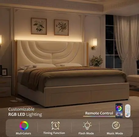 Luxury King, velvet cream Beige multi color LED headboard, music Bluetooth contr