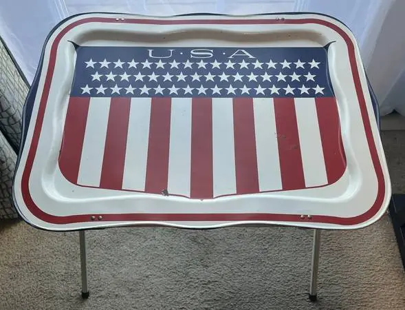 USED Vintage Red White & Blue USA Steel TV / Serving Tray with Legs
